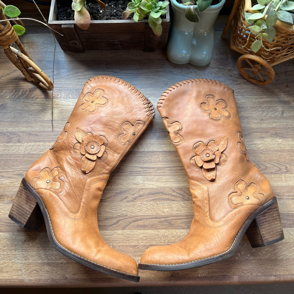 MIA Candida Tan Leather Floral Heeled Cowgirl Boots